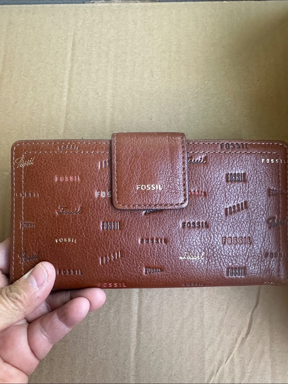 Fossil Women's Cognac Embossed Leather Card Holder Wallet